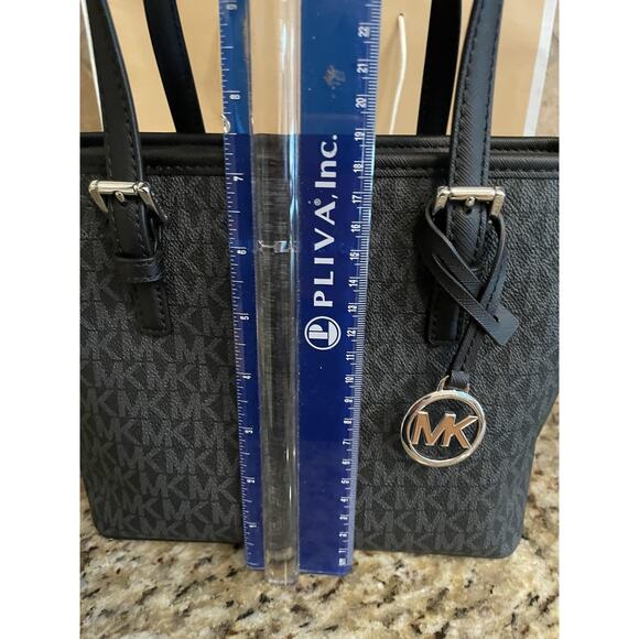 Michael Kors Jet Tote Bag Black Saffiano Logo Purse Satchel Handbag MK Charm - Picture 10 of 11